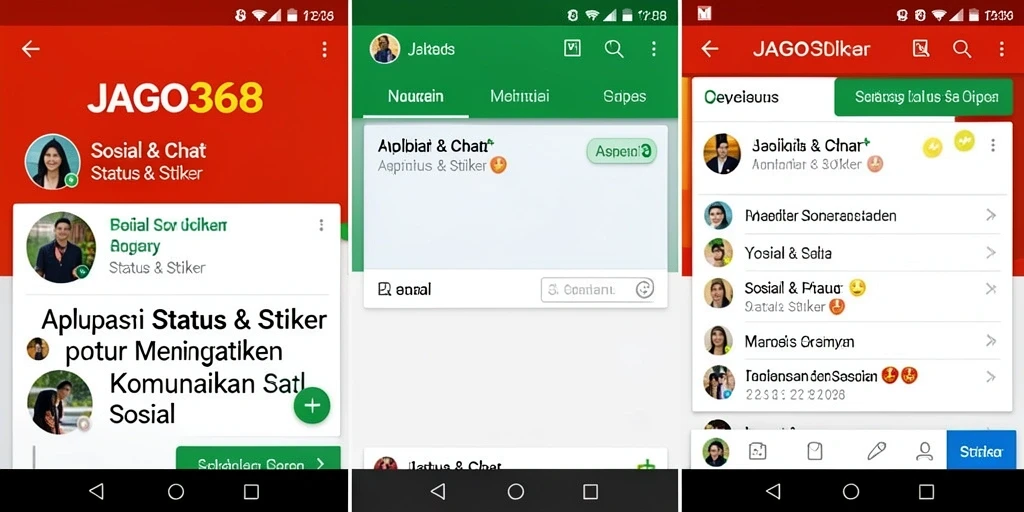 Antarmuka aplikasi JAGO368 menampilkan berbagai stiker dan status yang menarik.
