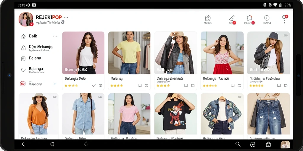 Antarmuka REJEKIPOP dengan berbagai pilihan fashion menarik.